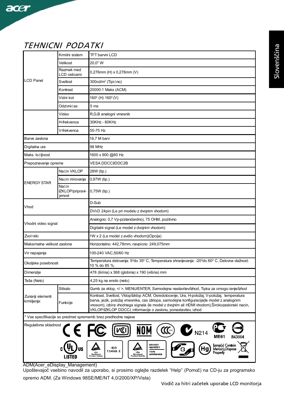 Tehnicni podatki, Sl ov en šč in a | Acer P205H User Manual | Page 57 / 60