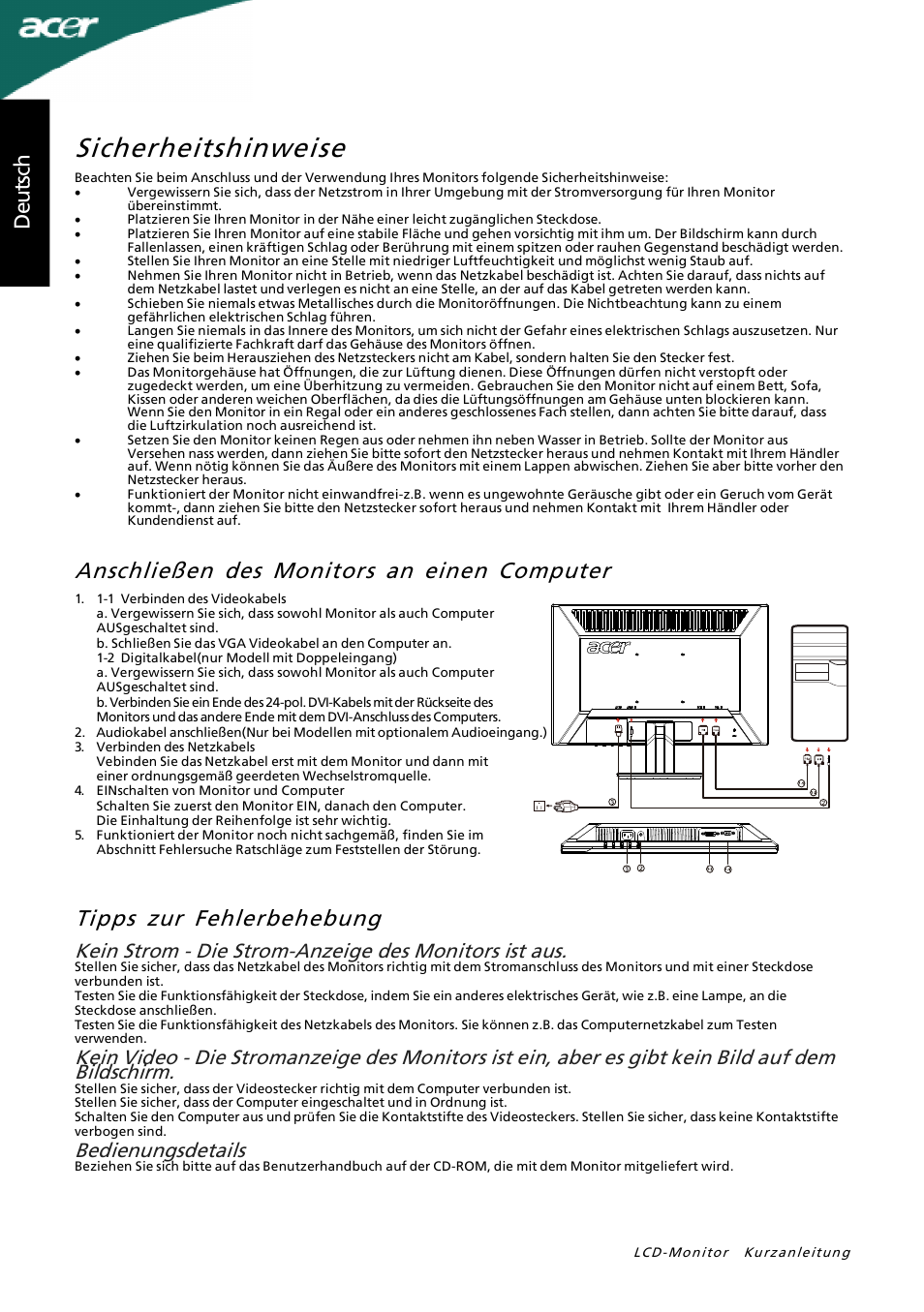 Sicherheitshinweise, Tipps zur fehlerbehebung, Anschließen des monitors an einen computer | Deu ts ch, Bedienungsdetails | Acer P205H User Manual | Page 6 / 60