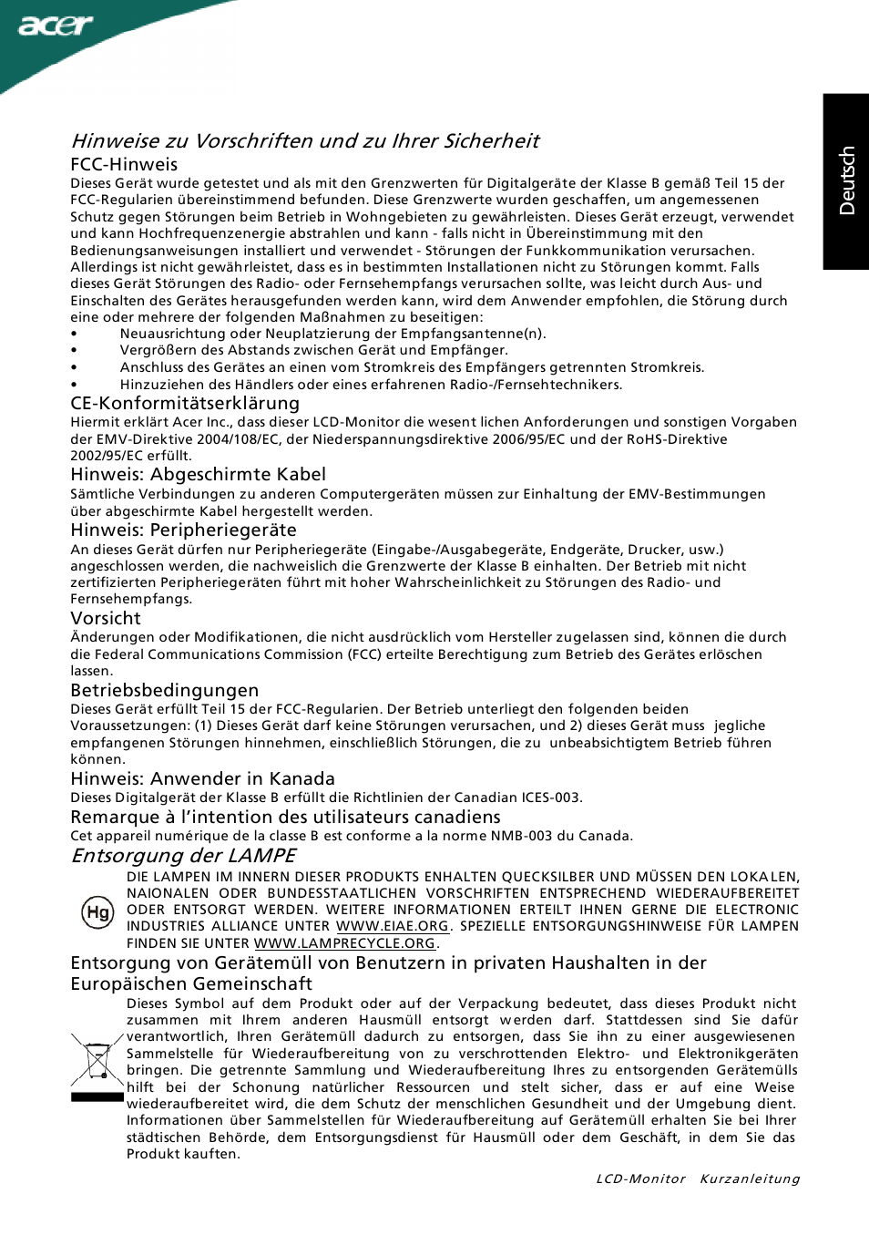 Hinweise zu vorschriften und zu ihrer sicherheit, Entsorgung der lampe, Deu ts ch d eu ts ch | Acer P205H User Manual | Page 7 / 60