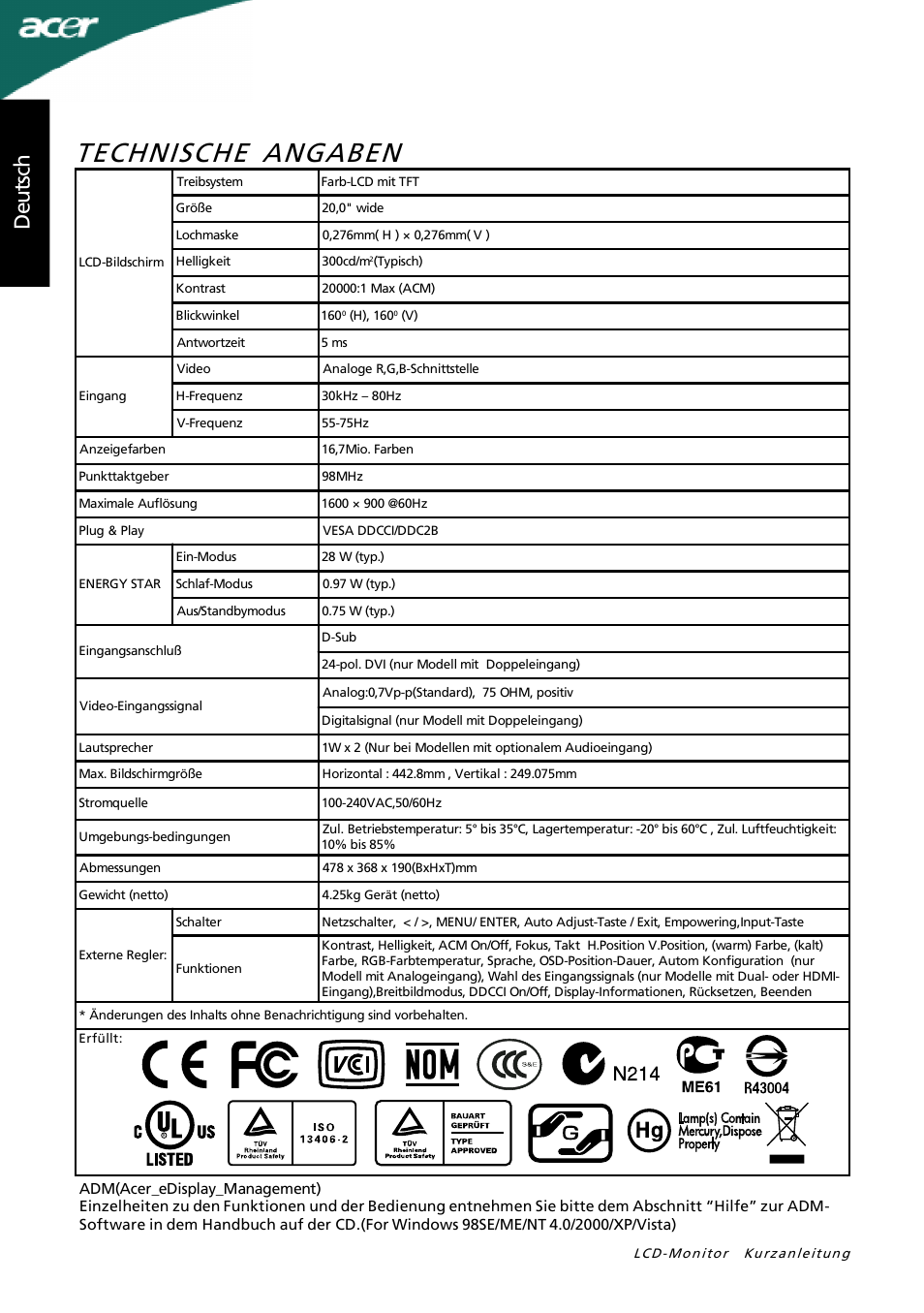 Technische angaben, Deu ts ch | Acer P205H User Manual | Page 8 / 60