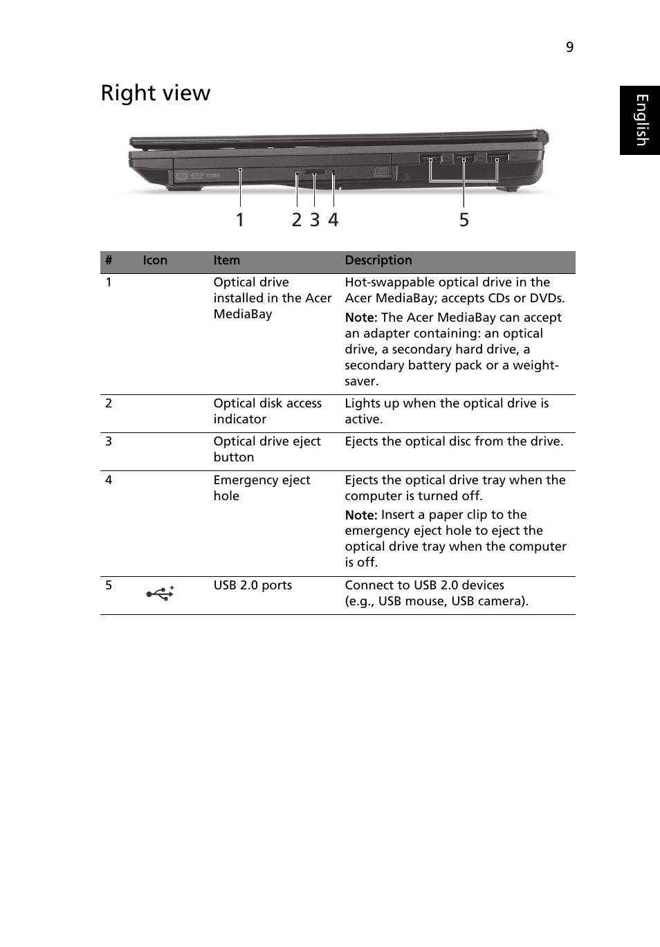 Right view | Acer TravelMate 6594G User Manual | Page 11 / 376