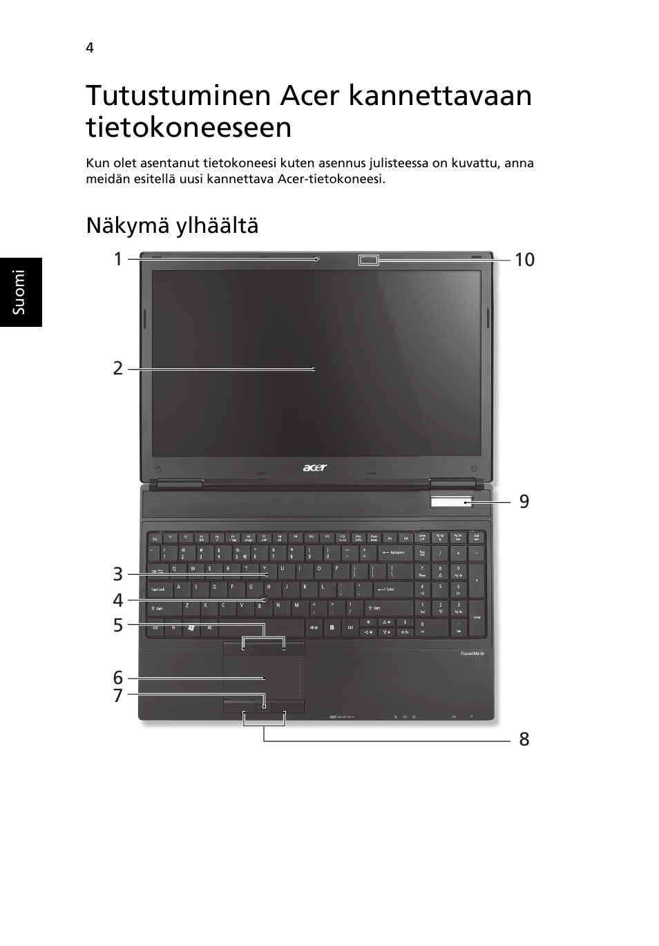 Tutustuminen acer kannettavaan tietokoneeseen, Näkymä ylhäältä | Acer TravelMate 6594G User Manual | Page 128 / 376