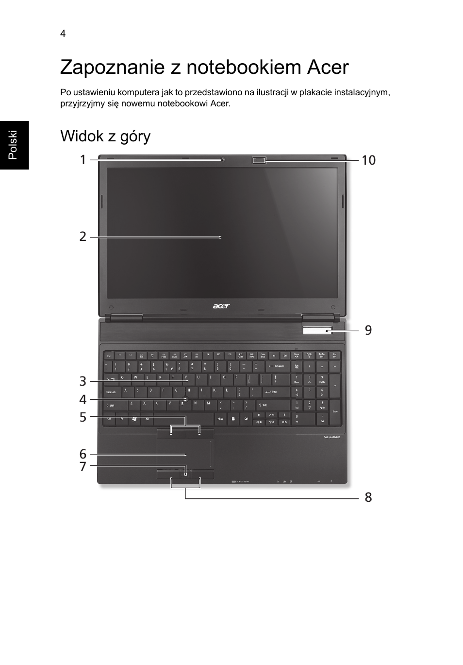 Zapoznanie z notebookiem acer, Widok z góry | Acer TravelMate 6594G User Manual | Page 152 / 376