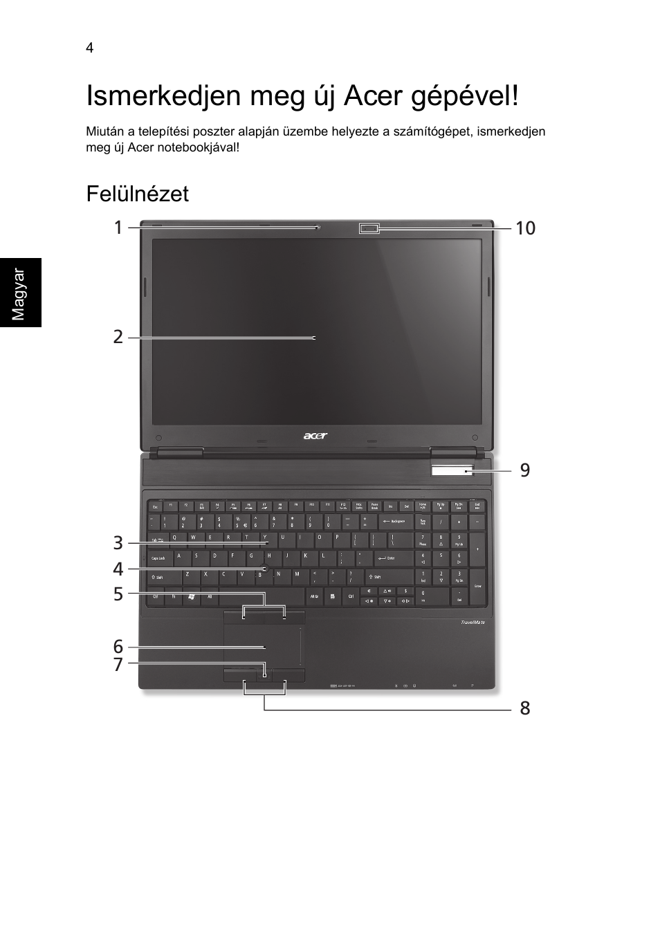 Ismerkedjen meg új acer gépével, Felülnézet | Acer TravelMate 6594G User Manual | Page 164 / 376