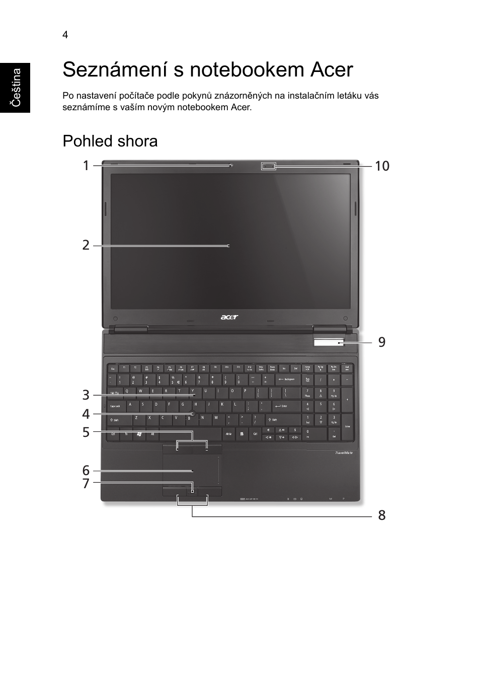 Seznámení s notebookem acer, Pohled shora | Acer TravelMate 6594G User Manual | Page 176 / 376