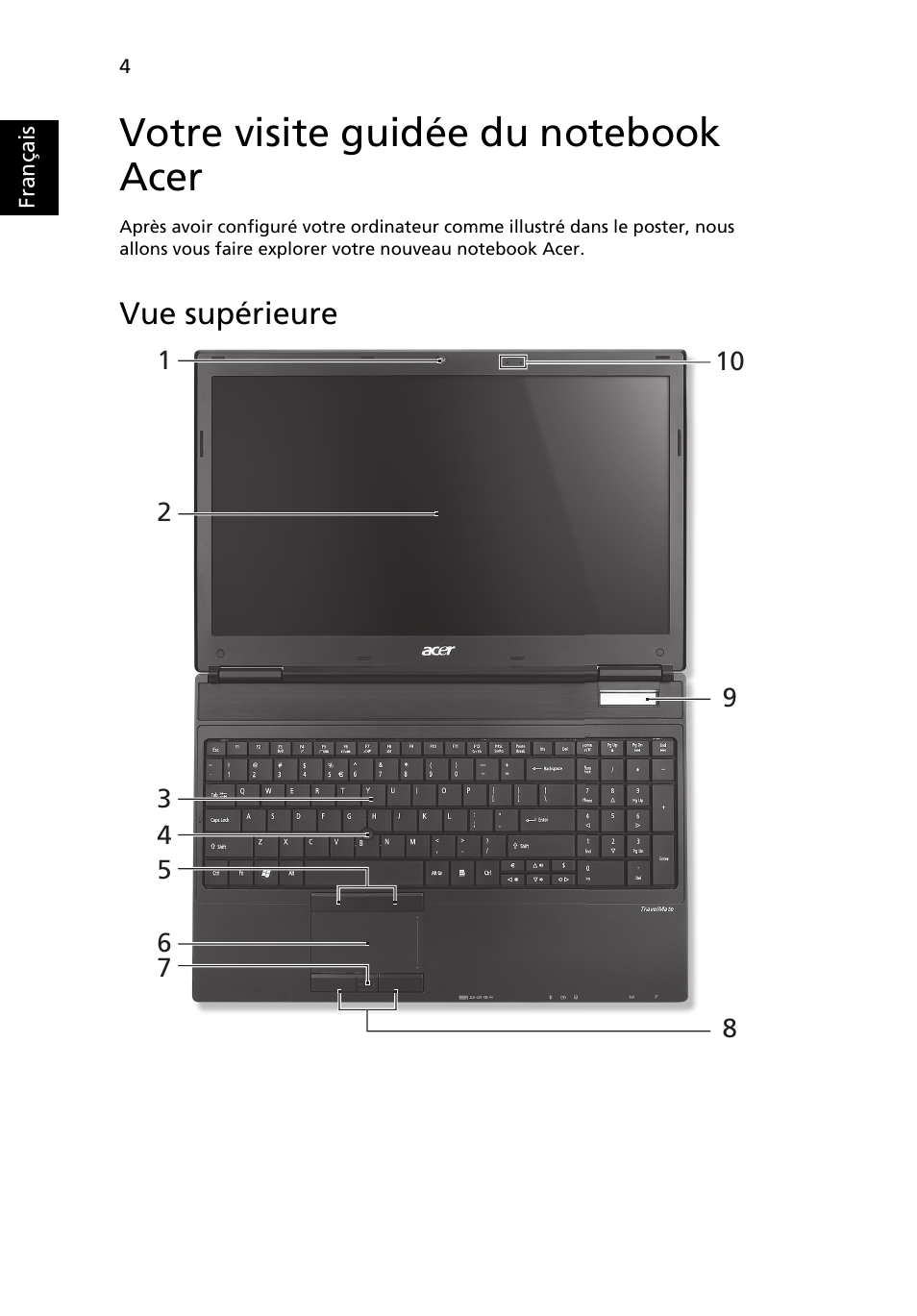 Votre visite guidée du notebook acer, Vue supérieure | Acer TravelMate 6594G User Manual | Page 18 / 376