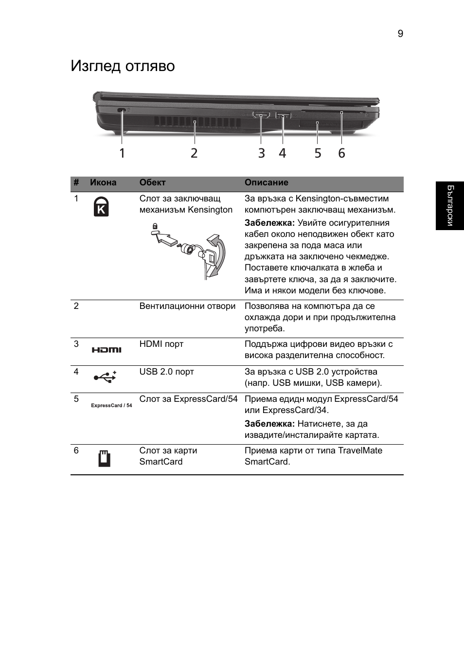 Изглед отляво | Acer TravelMate 6594G User Manual | Page 241 / 376