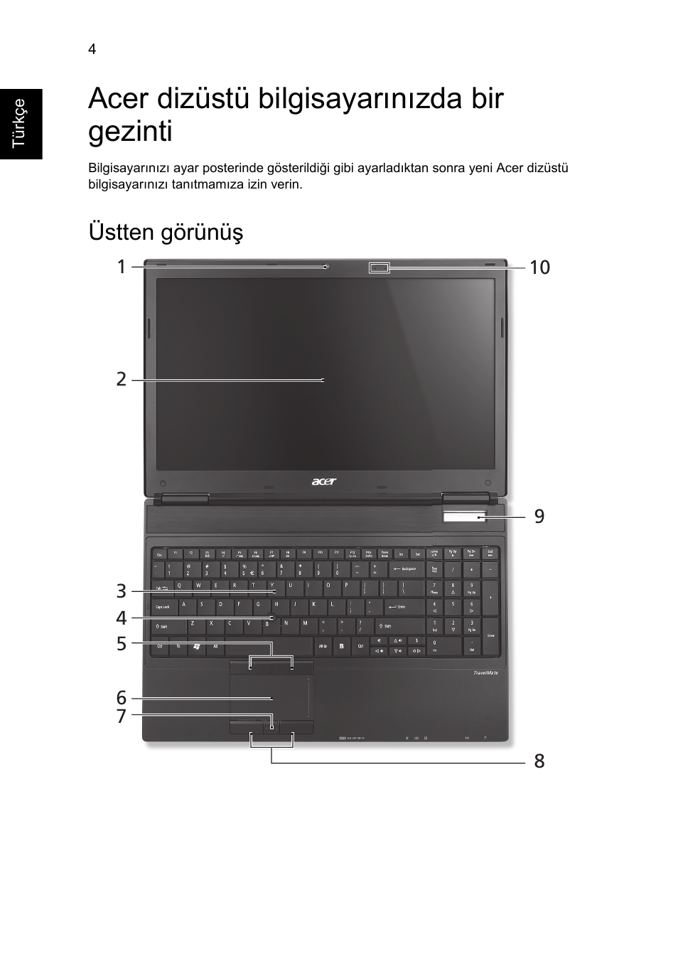 Acer dizüstü bilgisayarınızda bir gezinti, Üstten görünüş | Acer TravelMate 6594G User Manual | Page 296 / 376