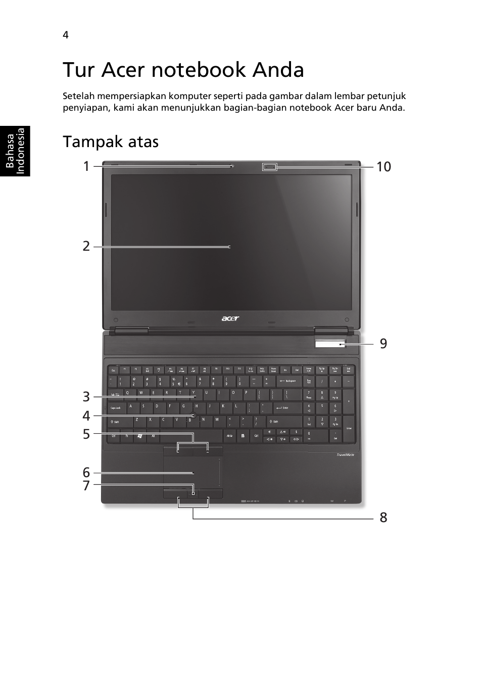 Tur acer notebook anda, Tampak atas | Acer TravelMate 6594G User Manual | Page 356 / 376