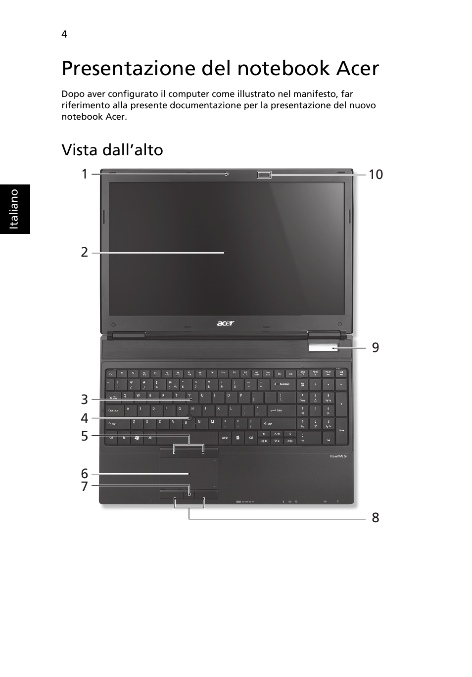 Presentazione del notebook acer, Vista dall’alto | Acer TravelMate 6594G User Manual | Page 42 / 376