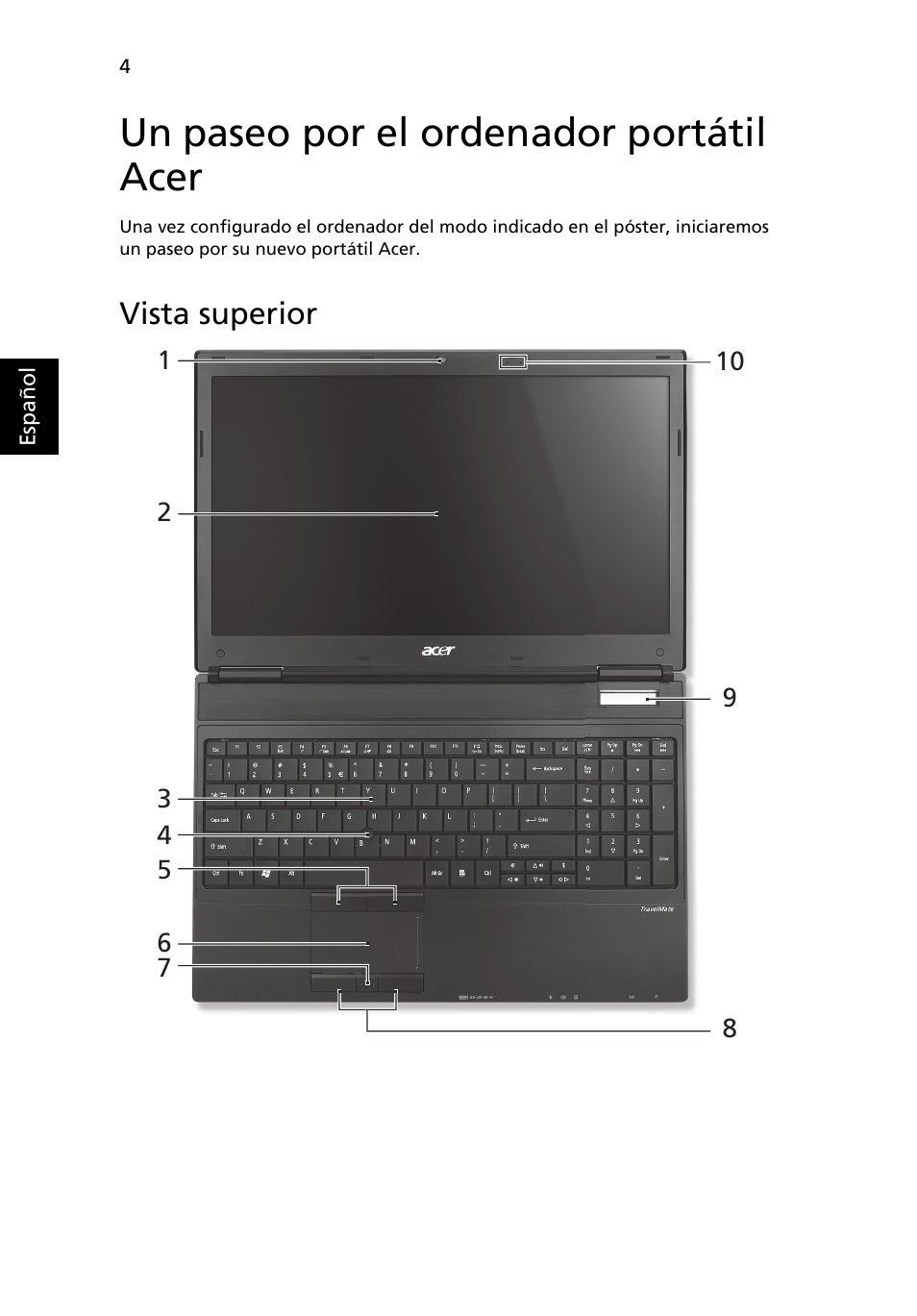 Un paseo por el ordenador portátil acer, Vista superior | Acer TravelMate 6594G User Manual | Page 54 / 376