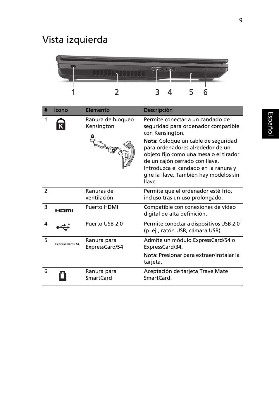 Vista izquierda | Acer TravelMate 6594G User Manual | Page 59 / 376