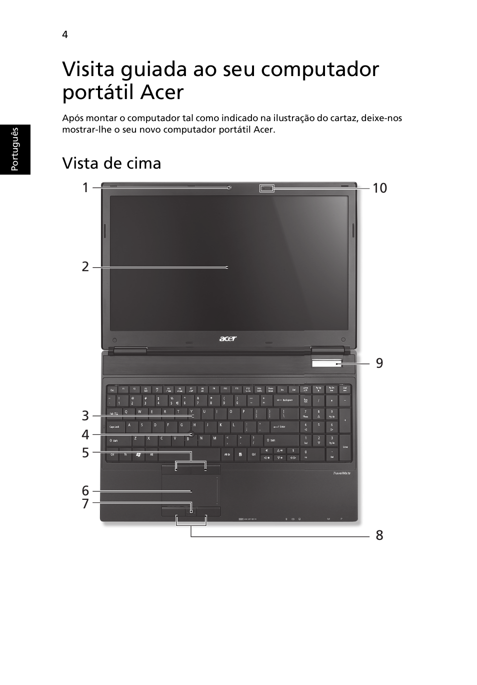 Visita guiada ao seu computador portátil acer, Vista de cima | Acer TravelMate 6594G User Manual | Page 68 / 376