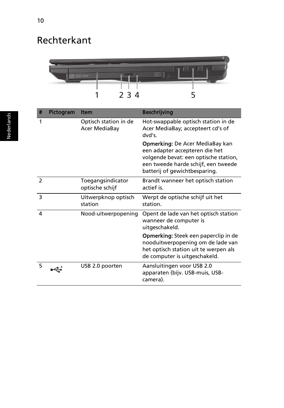 Rechterkant | Acer TravelMate 6594G User Manual | Page 86 / 376