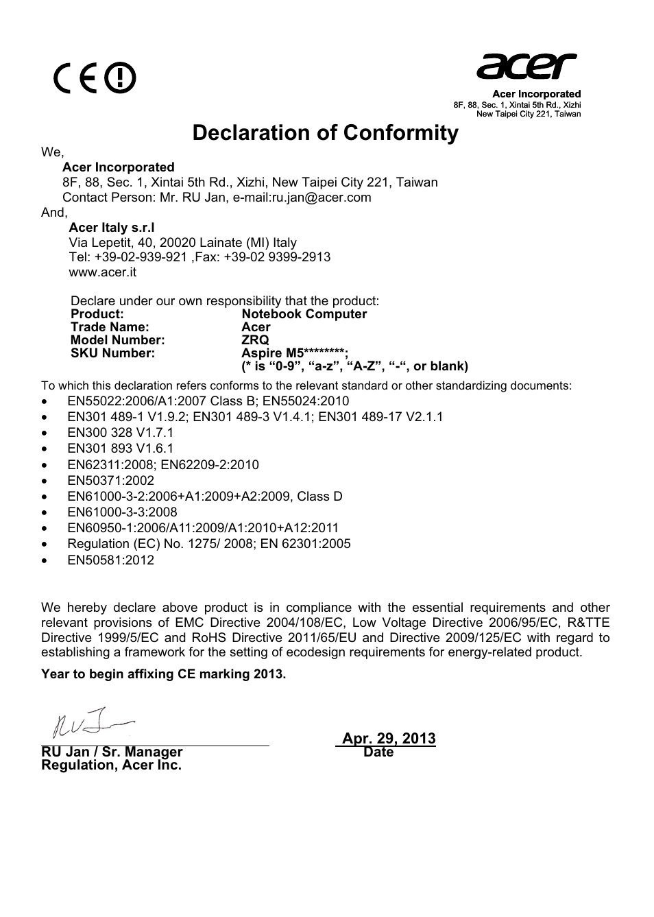 Declaration of conformity | Acer Aspire M5-583P User Manual | Page 10 / 12