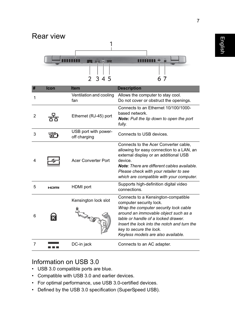 Rear view, Information on usb 3.0 | Acer Aspire M5-583P User Manual | Page 7 / 12