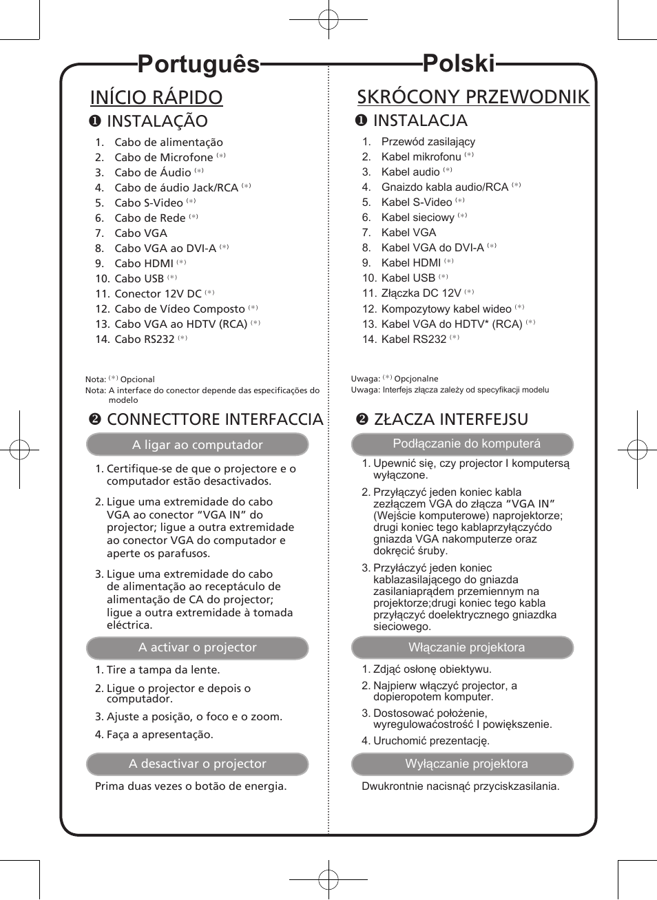 Português, Polski, Início rápido | Skrócony przewodnik, Instalação, Connecttore interfaccia, Instalacja, Złacza interfejsu | Acer U5213 User Manual | Page 9 / 18