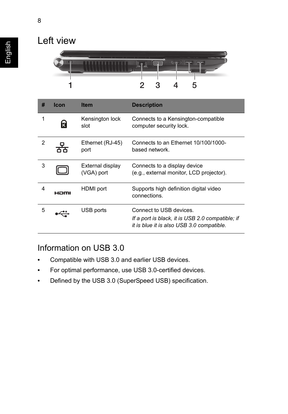 Left view, Information on usb 3.0 | Acer Aspire V3-771G User Manual | Page 10 / 366