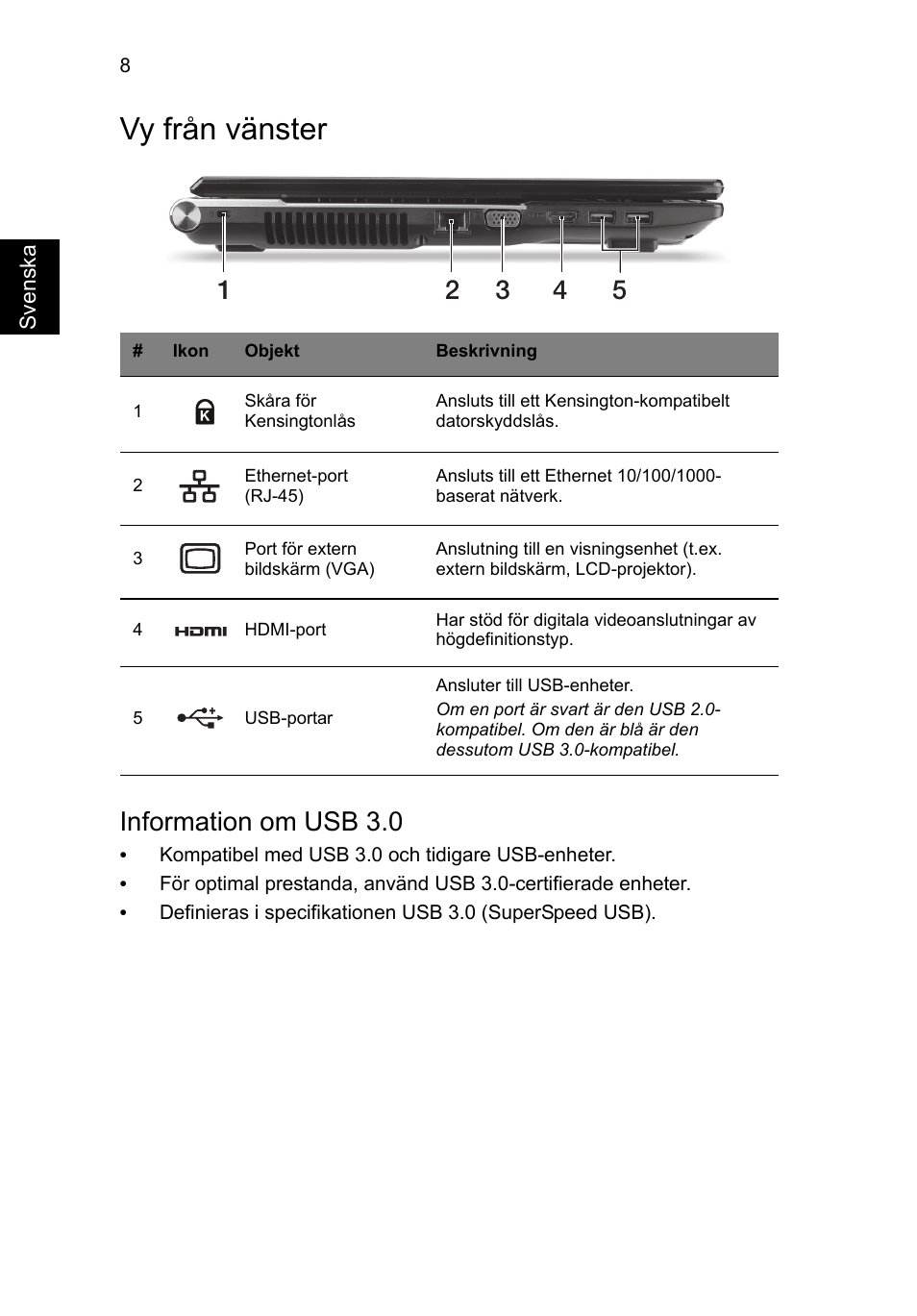 Vy från vänster, Information om usb 3.0 | Acer Aspire V3-771G User Manual | Page 122 / 366