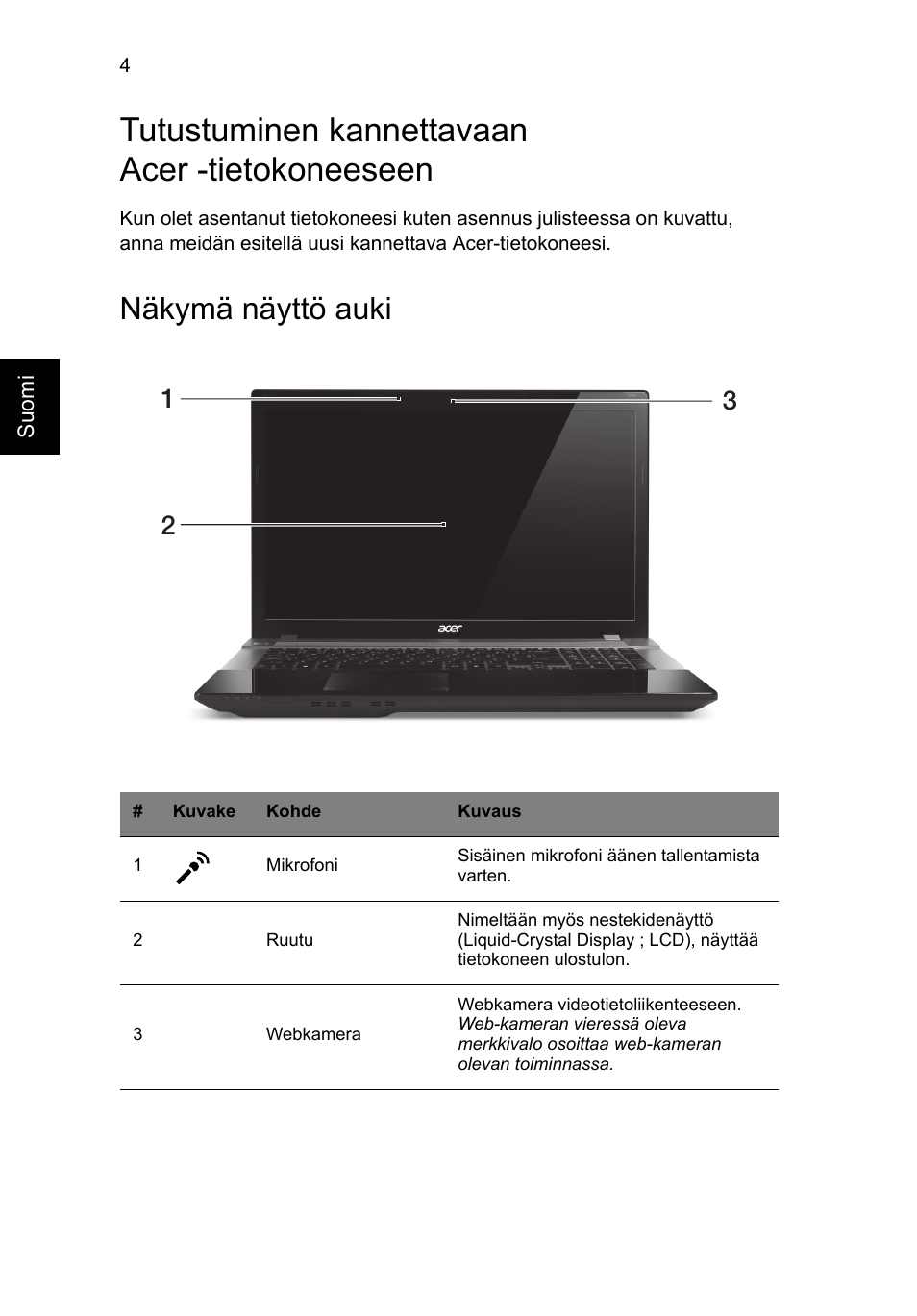 Tutustuminen kannettavaan acer -tietokoneeseen, Näkymä näyttö auki | Acer Aspire V3-771G User Manual | Page 130 / 366