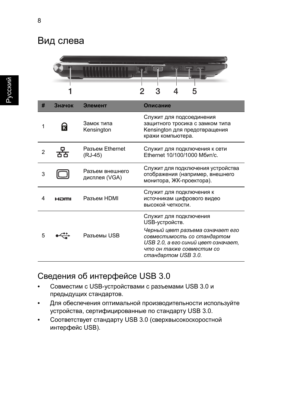 Вид слева, Сведения об интерфейсе usb 3.0 | Acer Aspire V3-771G User Manual | Page 146 / 366