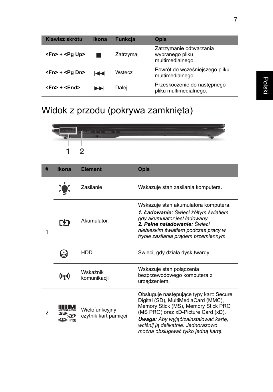 Widok z przodu (pokrywa zamknięta) | Acer Aspire V3-771G User Manual | Page 157 / 366