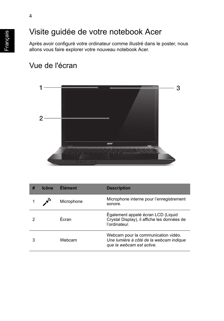 Visite guidée de votre notebook acer, Vue de l'écran | Acer Aspire V3-771G User Manual | Page 18 / 366