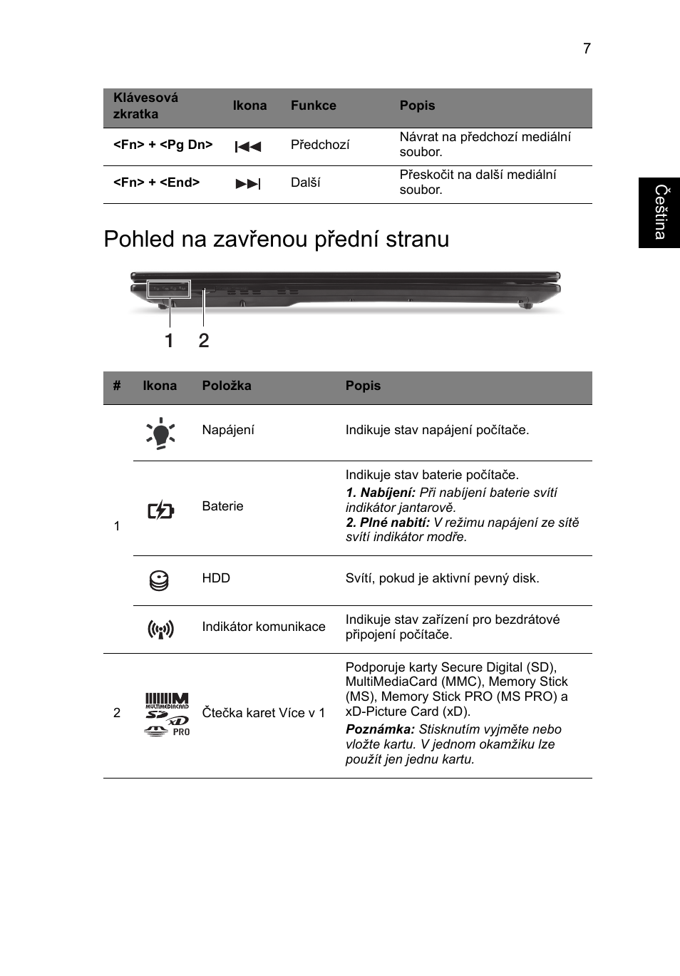 Pohled na zavřenou přední stranu | Acer Aspire V3-771G User Manual | Page 181 / 366