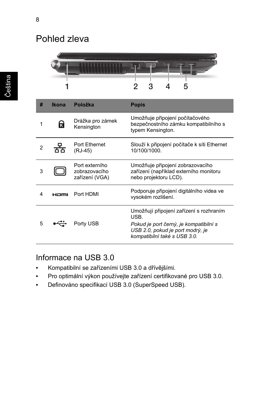 Pohled zleva, Informace na usb 3.0 | Acer Aspire V3-771G User Manual | Page 182 / 366