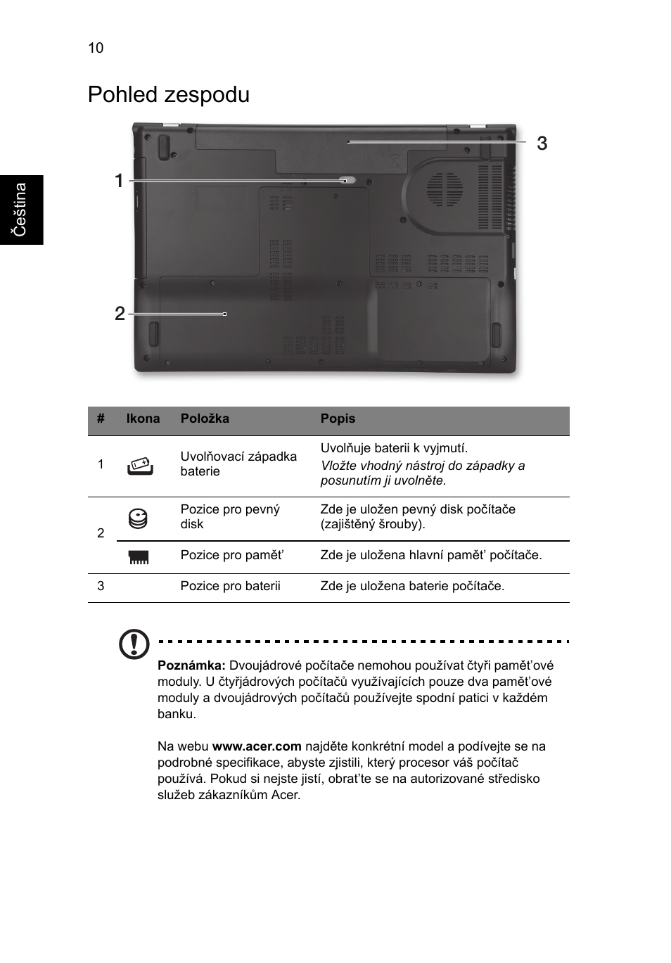 Pohled zespodu | Acer Aspire V3-771G User Manual | Page 184 / 366