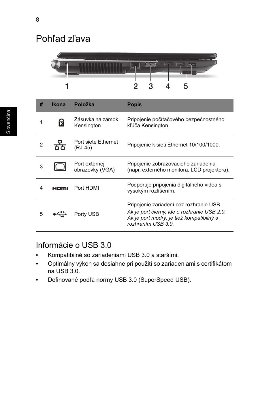 Pohľad zľava, Informácie o usb 3.0 | Acer Aspire V3-771G User Manual | Page 194 / 366
