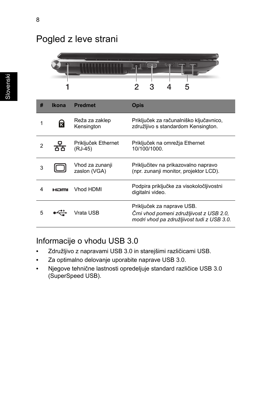 Pogled z leve strani, Informacije o vhodu usb 3.0 | Acer Aspire V3-771G User Manual | Page 206 / 366