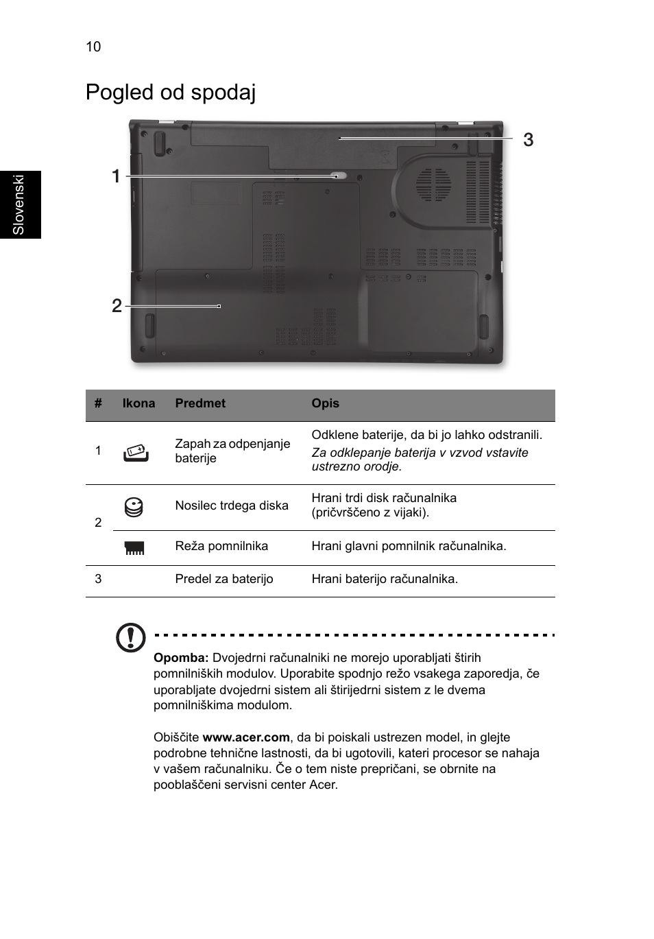 Pogled od spodaj | Acer Aspire V3-771G User Manual | Page 208 / 366