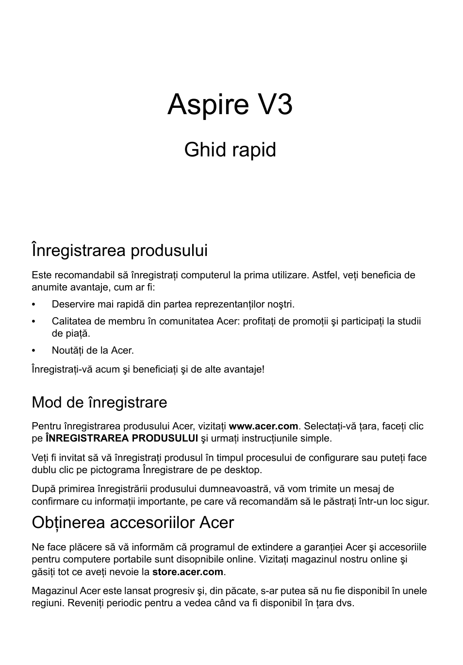 Română, Înregistrarea produsului, Mod de înregistrare | Obţinerea accesoriilor acer, Aspire v3, Ghid rapid | Acer Aspire V3-771G User Manual | Page 223 / 366