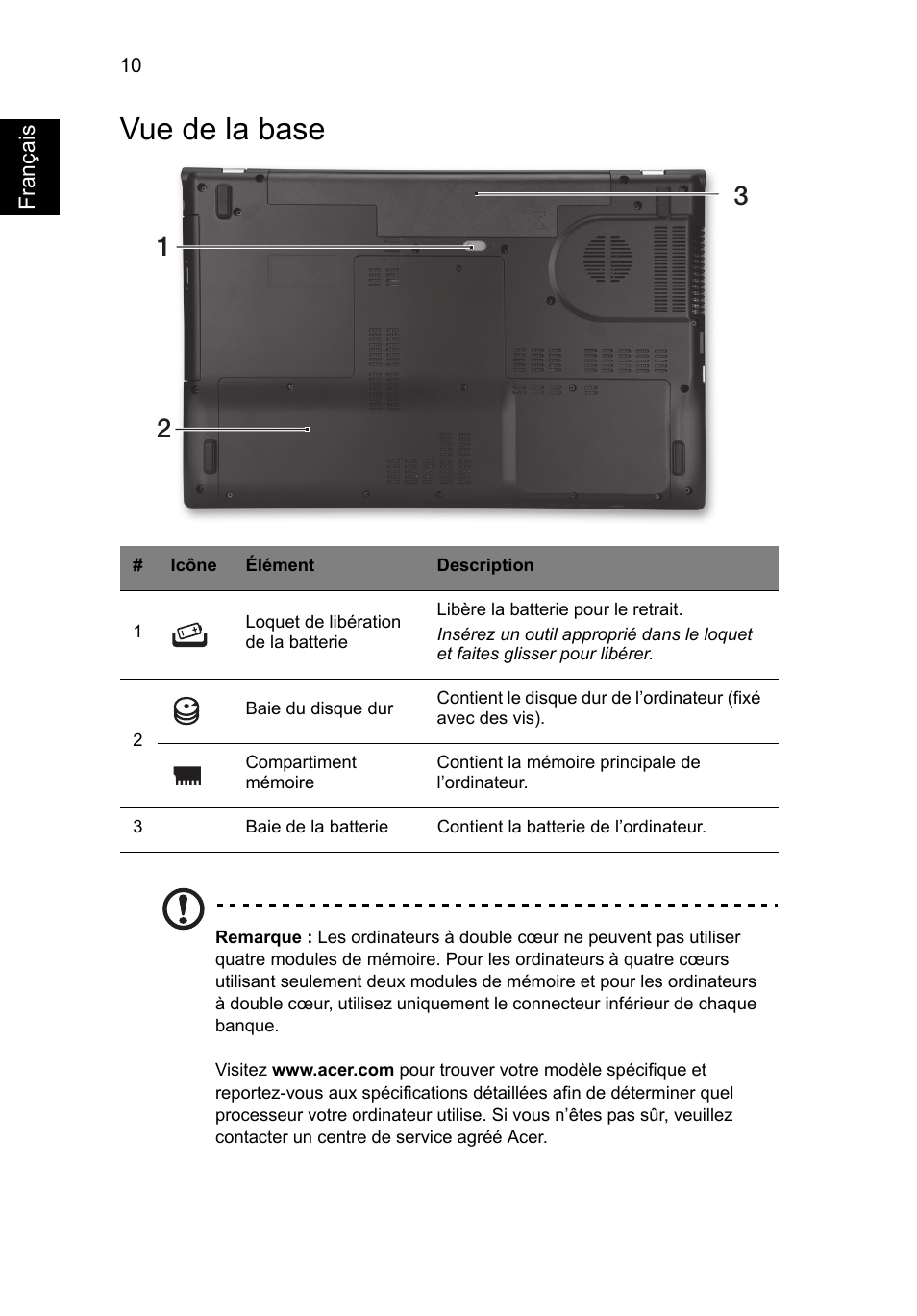 Vue de la base | Acer Aspire V3-771G User Manual | Page 24 / 366