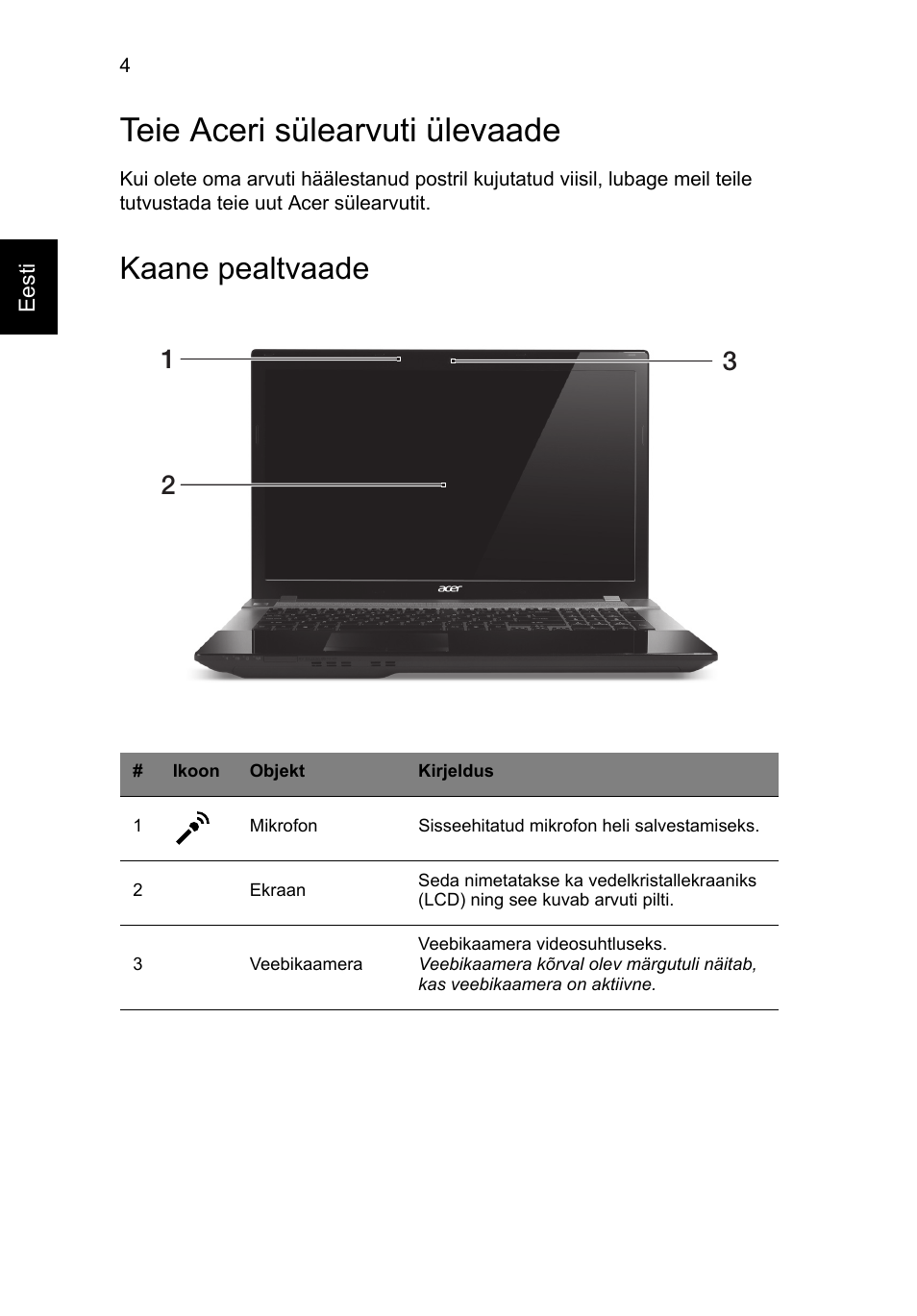 Teie aceri sülearvuti ülevaade, Kaane pealtvaade | Acer Aspire V3-771G User Manual | Page 250 / 366