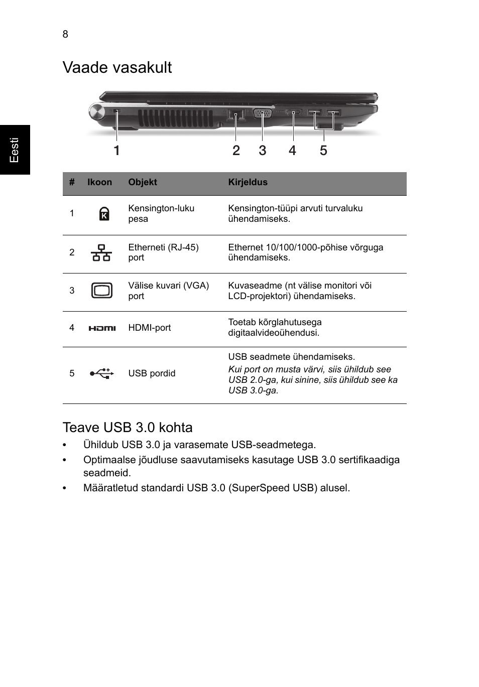 Vaade vasakult, Teave usb 3.0 kohta | Acer Aspire V3-771G User Manual | Page 254 / 366