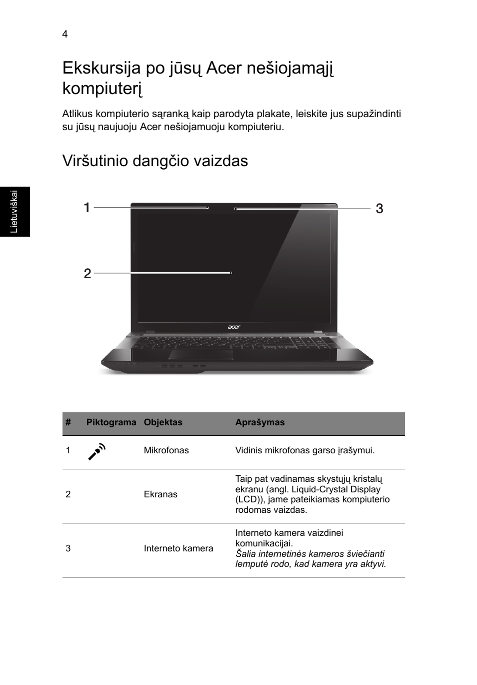 Ekskursija po jūsų acer nešiojamąjį kompiuterį, Viršutinio dangčio vaizdas | Acer Aspire V3-771G User Manual | Page 274 / 366