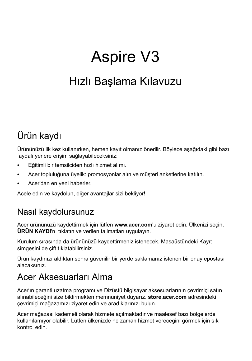 Türkçe, Ürün kaydı, Nasıl kaydolursunuz | Acer aksesuarları alma, Aspire v3, Hızlı başlama kılavuzu | Acer Aspire V3-771G User Manual | Page 295 / 366