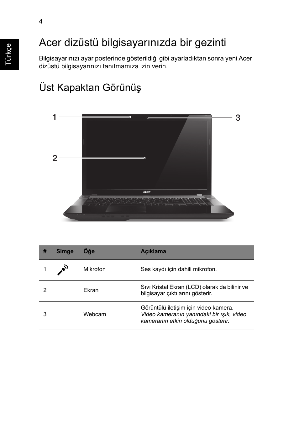 Acer dizüstü bilgisayarınızda bir gezinti, Üst kapaktan görünüş | Acer Aspire V3-771G User Manual | Page 298 / 366