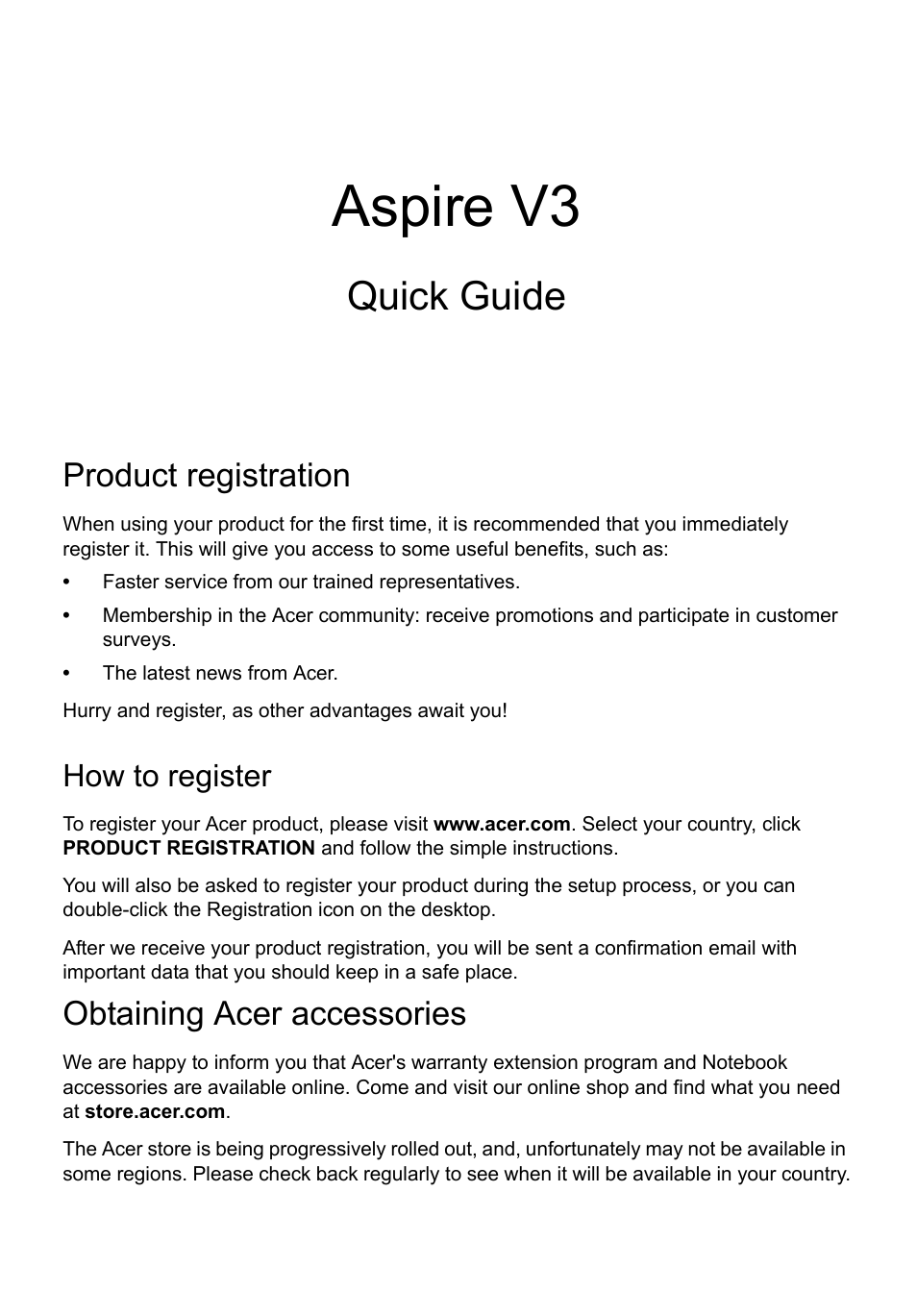 English, Product registration, How to register | Obtaining acer accessories, Aspire v3, Quick guide | Acer Aspire V3-771G User Manual | Page 3 / 366