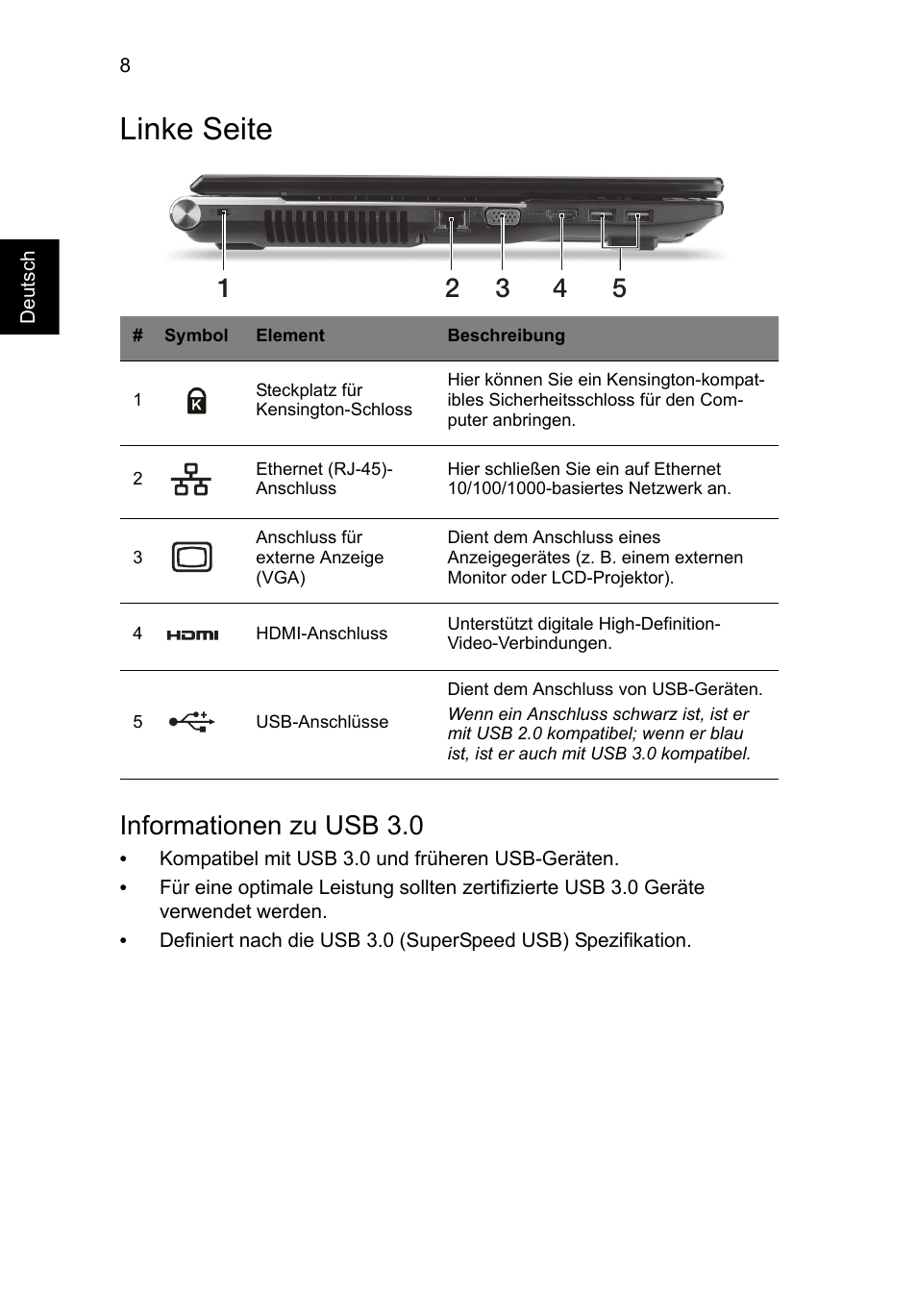 Linke seite, Informationen zu usb 3.0 | Acer Aspire V3-771G User Manual | Page 34 / 366