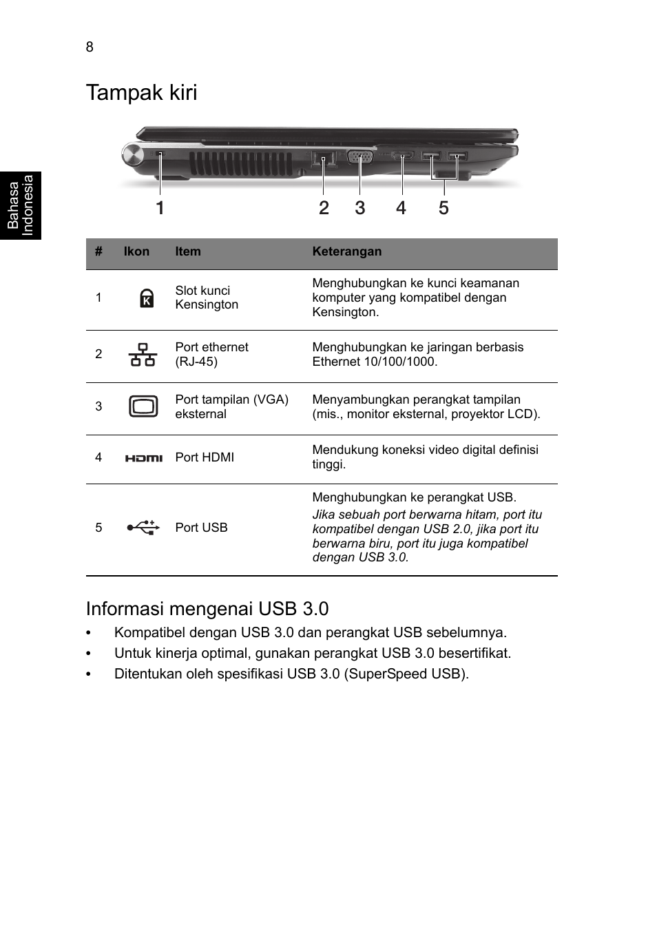 Tampak kiri, Informasi mengenai usb 3.0 | Acer Aspire V3-771G User Manual | Page 350 / 366