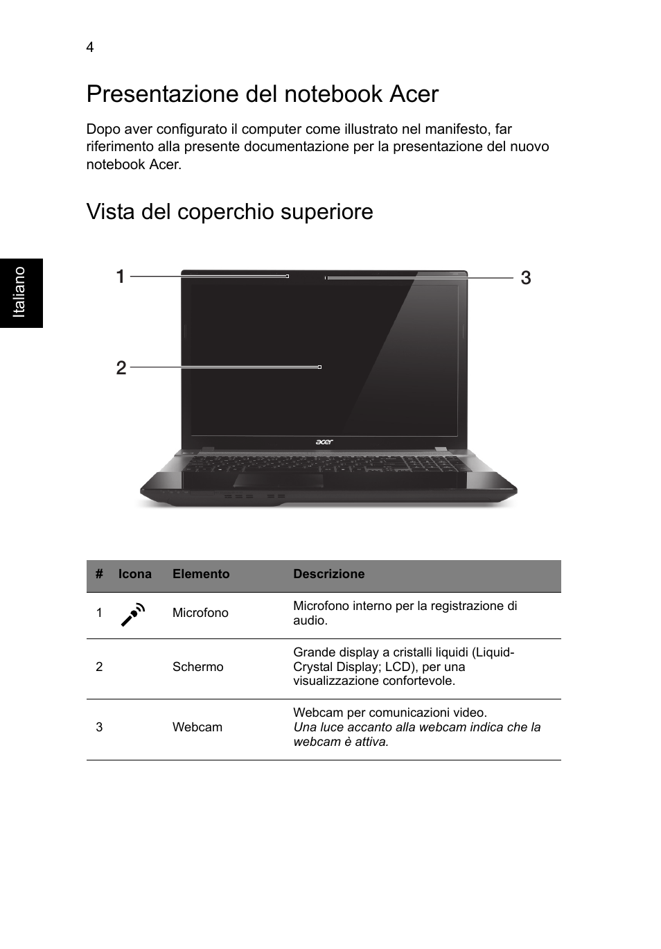 Presentazione del notebook acer, Vista del coperchio superiore | Acer Aspire V3-771G User Manual | Page 42 / 366