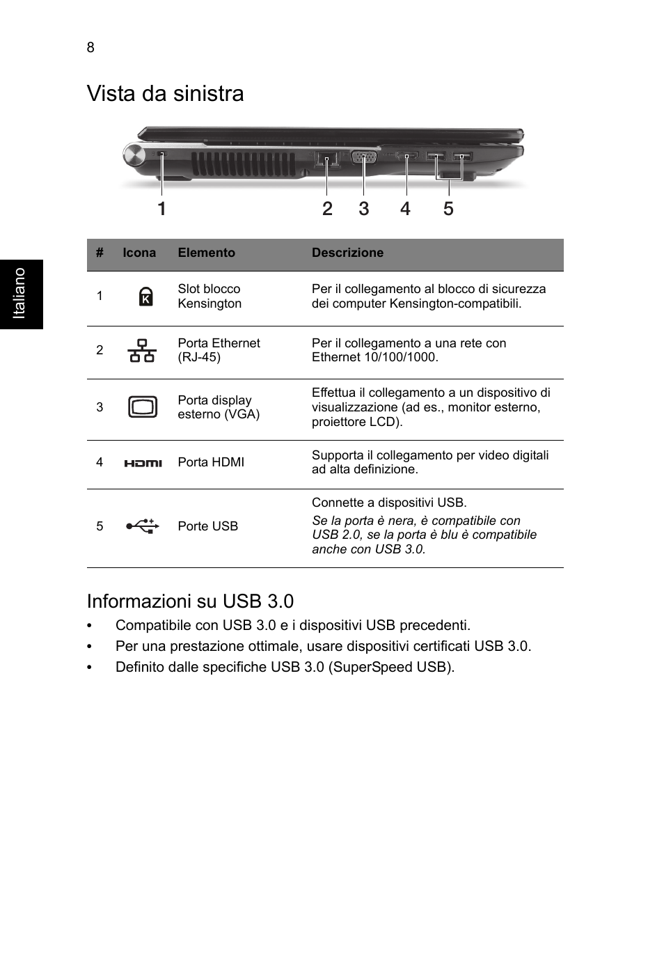 Vista da sinistra, Informazioni su usb 3.0 | Acer Aspire V3-771G User Manual | Page 46 / 366