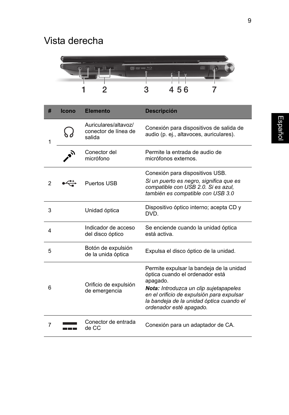 Vista derecha | Acer Aspire V3-771G User Manual | Page 59 / 366