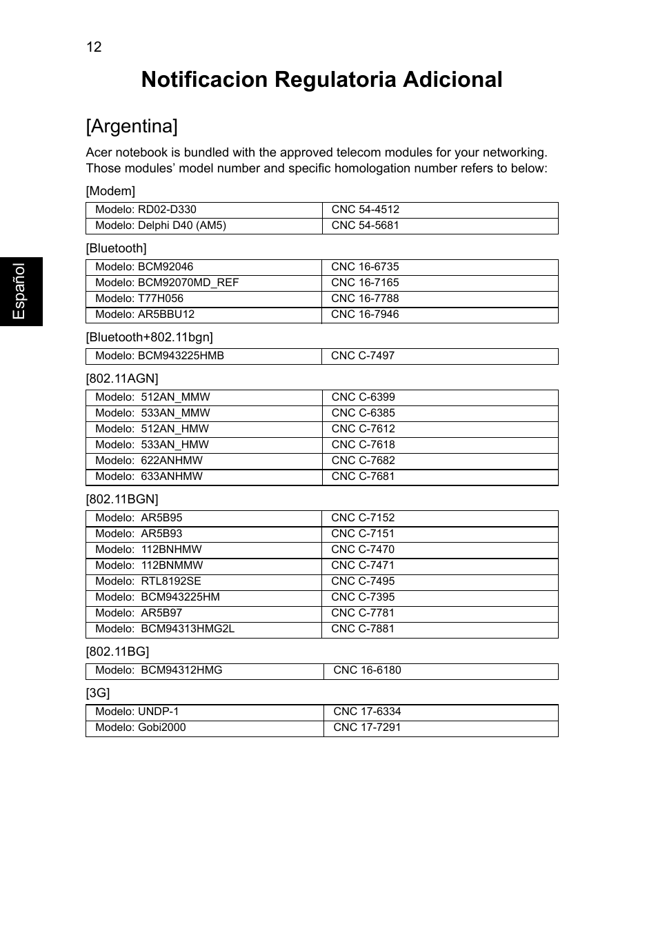 Notificacion regulatoria adicional, Argentina, Esp añ ol | Acer Aspire V3-771G User Manual | Page 62 / 366