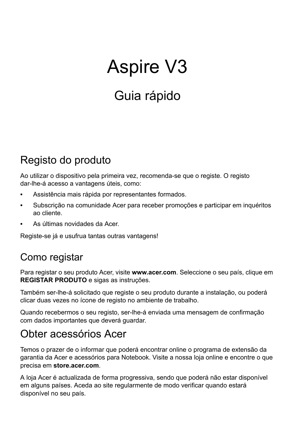 Português, Registo do produto, Como registar | Obter acessórios acer, Aspire v3, Guia rápido | Acer Aspire V3-771G User Manual | Page 67 / 366