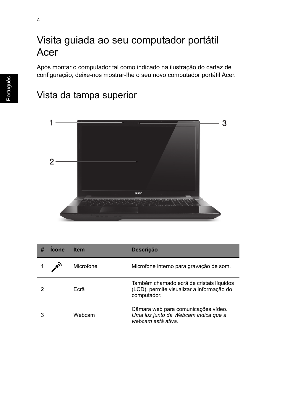 Visita guiada ao seu computador portátil acer, Vista da tampa superior | Acer Aspire V3-771G User Manual | Page 70 / 366