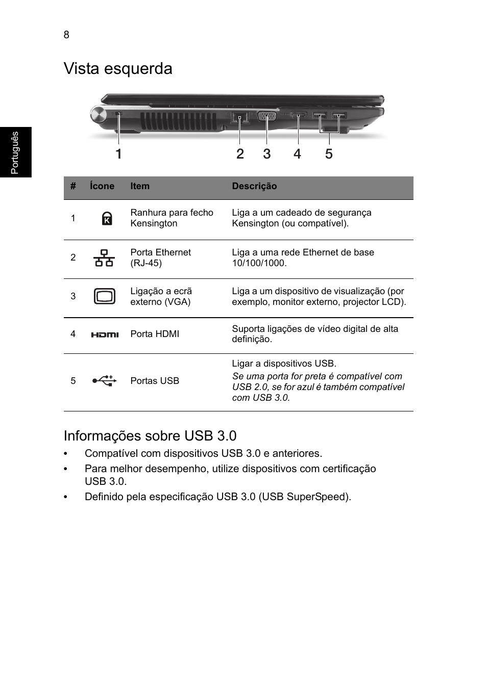 Vista esquerda, Informações sobre usb 3.0 | Acer Aspire V3-771G User Manual | Page 74 / 366